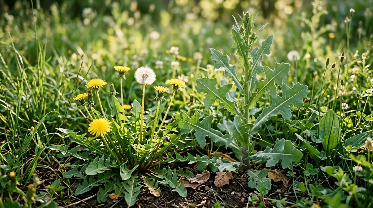 Dandelions with yellow flowers and a fluffy seed head growing next to a tall wild lettuce plant in a field
