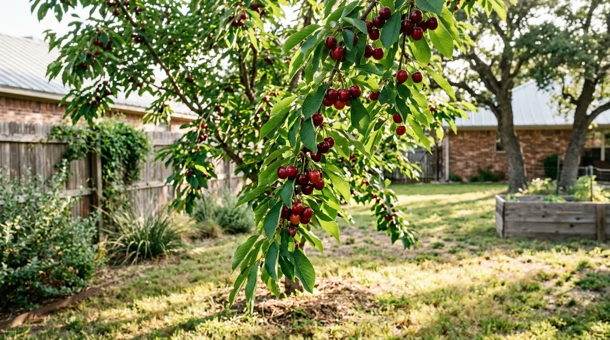 Cherry tree laden with ripe red fruit in a backyard