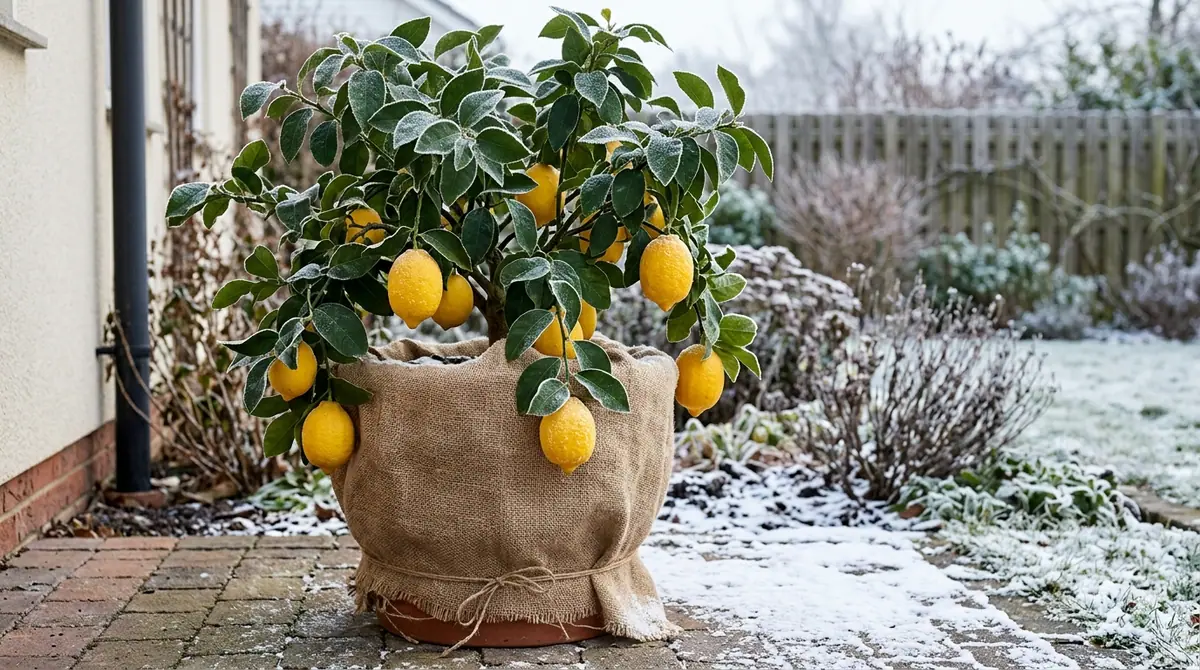 Potted lemon tree with frost-covered leaves and yellow fruit on a snow-dusted patio