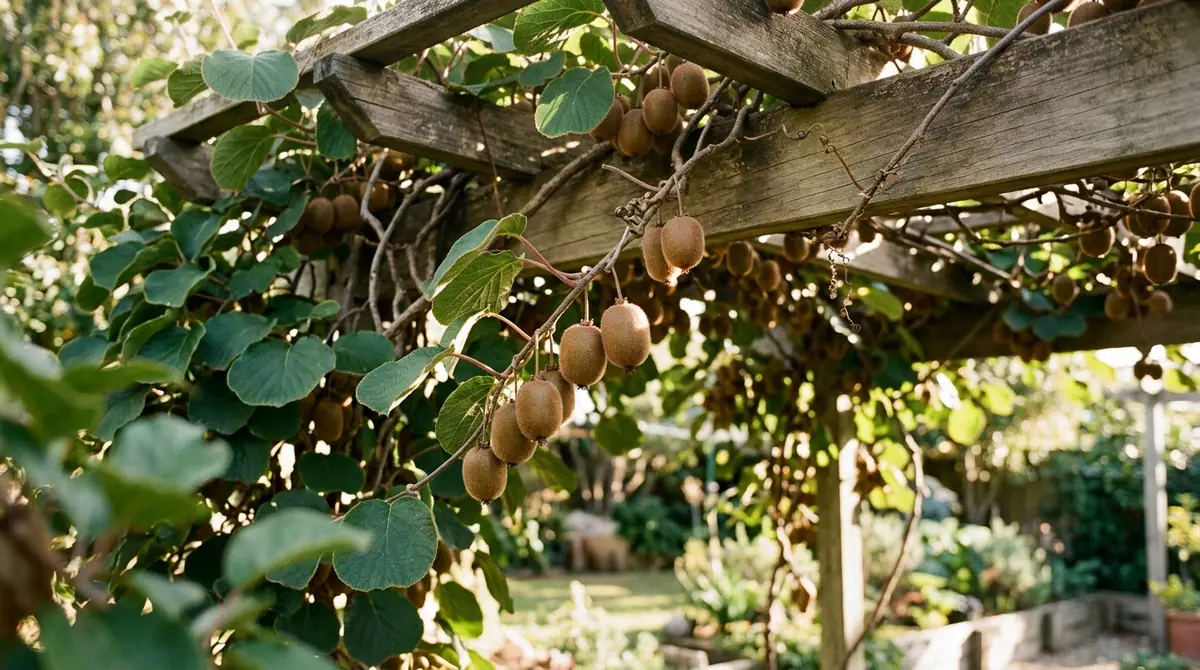 Kiwi vine with fuzzy brown fruits growing on a wooden trellis outdoors