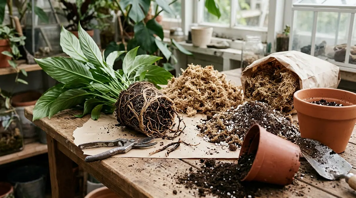Repotting a houseplant with exposed roots, peat moss, soil, and pots on a wooden table