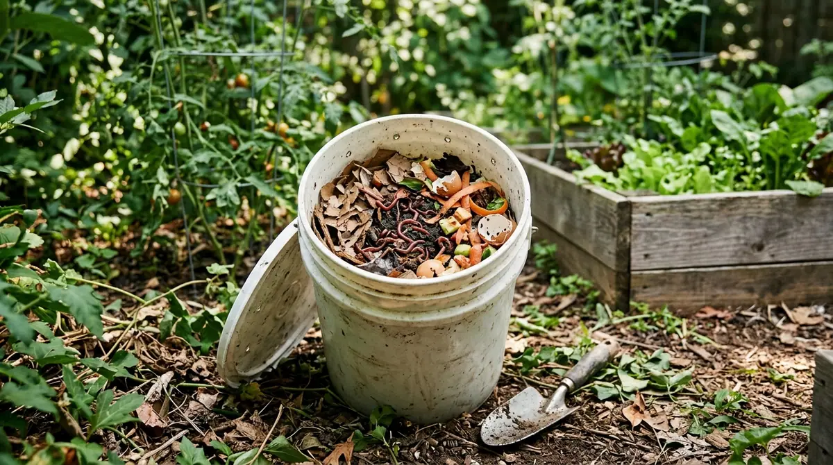 An open five gallon bucket filled with compost and worms sits in a garden