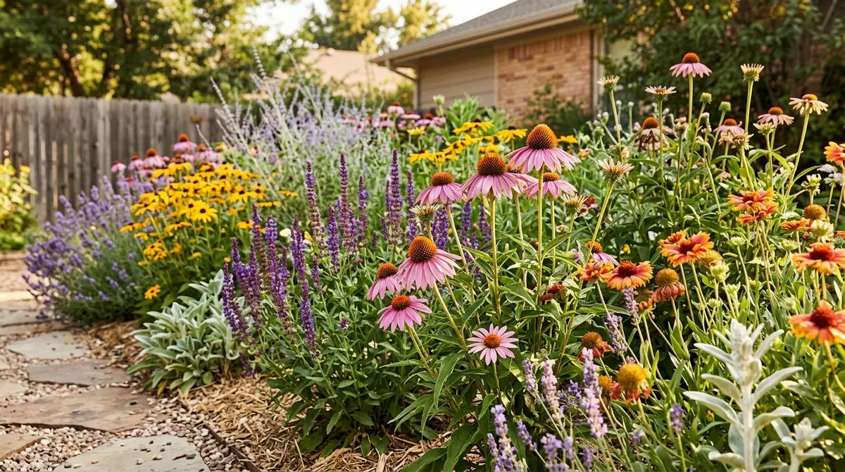 Sun-drenched garden bed filled with purple coneflowers, yellow daisies, and lavender along a stone path