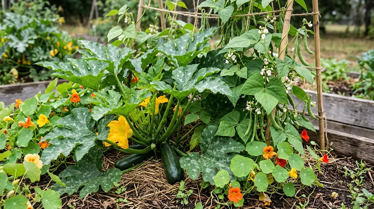 Zucchini plant growing alongside climbing beans and nasturtium flowers in a garden bed