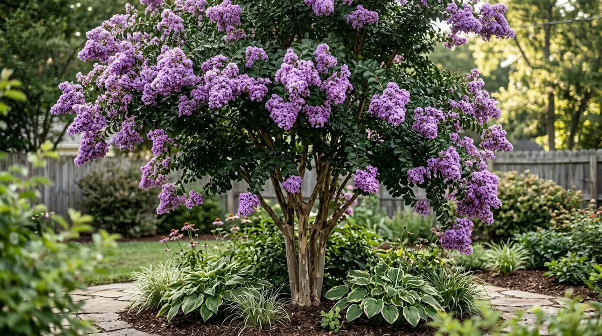 Lush Zuni crape myrtle tree in full bloom with vibrant purple flowers in a sunny backyard garden